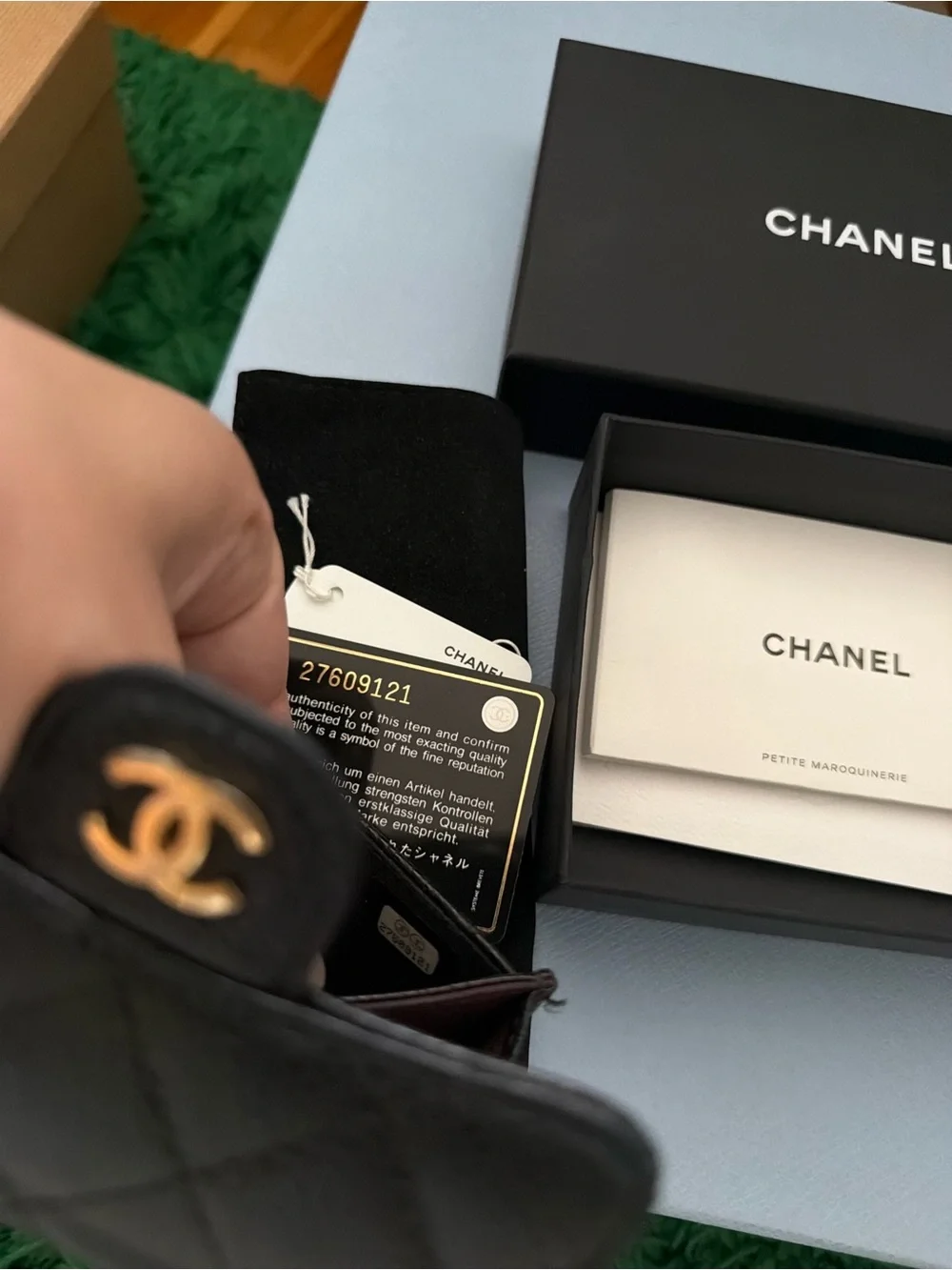 CHANEL Black Quilted Caviar Leather Card Case with Gold CC Hardware